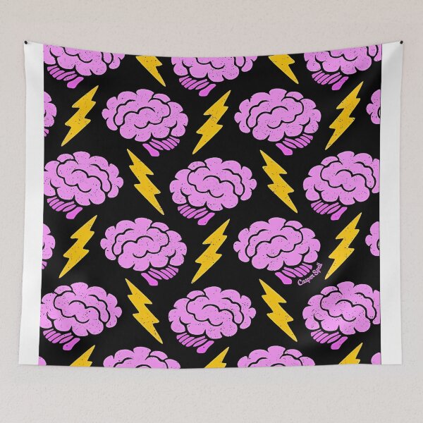 Item preview, Playful Pink Brain and Lightning Bolt Pattern on Black designed and sold by darkskinbender.