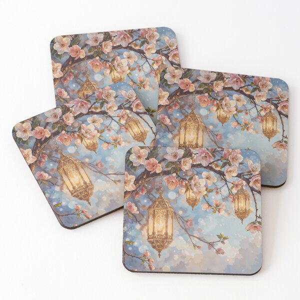 Item preview, Moroccan Lanterns in Cherry Blossom Tree – Ethereal Night Watercolor Art designed and sold by Floraphoria.