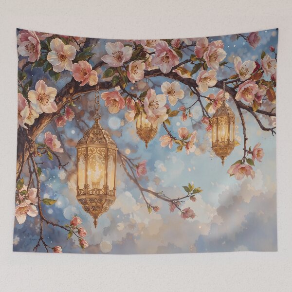 Item preview, Moroccan Lanterns in Cherry Blossom Tree – Ethereal Night Watercolor Art designed and sold by Floraphoria.