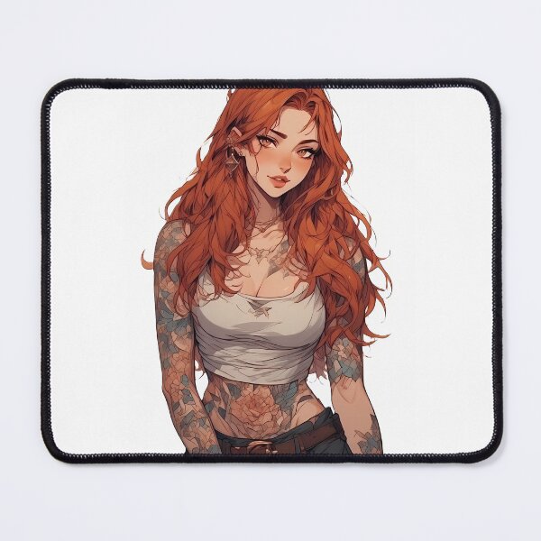 Item preview, A redhead woman with vibrant red hair, wearing a white tank top and showing her tattoos. designed and sold by Innercosmic.