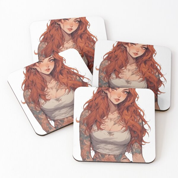 Item preview, A redhead woman with vibrant red hair, wearing a white tank top and showing her tattoos. designed and sold by Innercosmic.