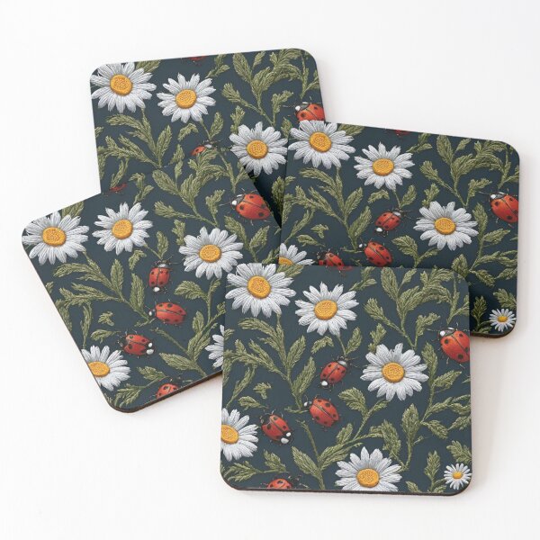 Item preview, Embroidered Daisies and Ladybugs on a Dark Background designed and sold by Ciervo Primavera.