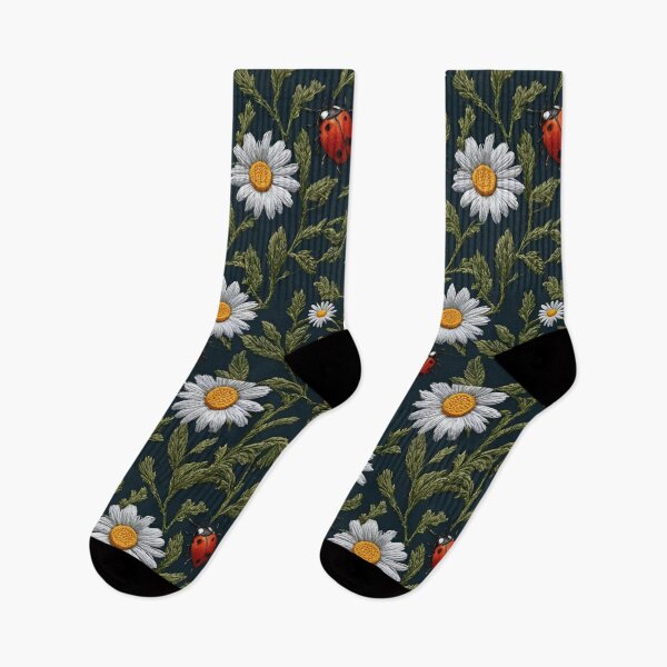 Item preview, Embroidered Daisies and Ladybugs on a Dark Background designed and sold by Ciervo Primavera.
