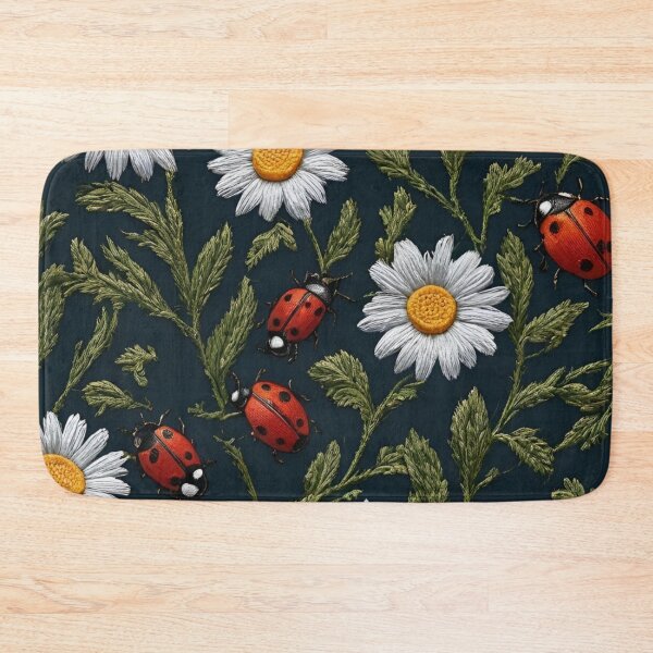 Item preview, Embroidered Daisies and Ladybugs on a Dark Background designed and sold by Ciervo Primavera.