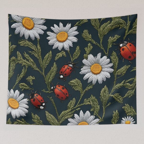 Item preview, Embroidered Daisies and Ladybugs on a Dark Background designed and sold by Ciervo Primavera.