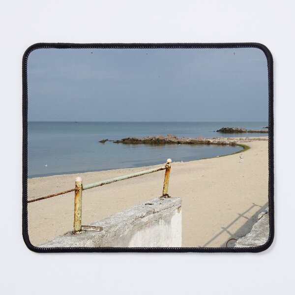 Item preview, Rusty Seaside Railing Overlooking Sandy Beach and Breakwaters designed and sold by printempstg.