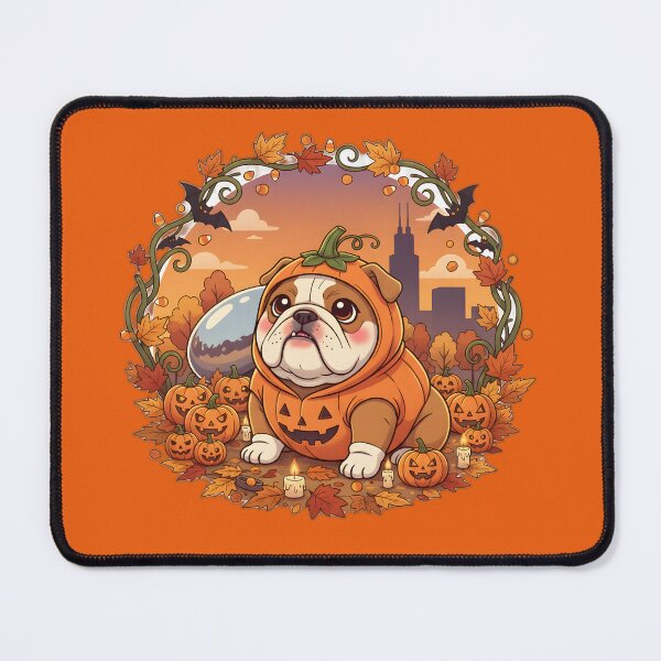 Item preview, Kawaii Bulldog in Pumpkin Costume at Cloud Gate – Chicago Halloween Cute Dog Art designed and sold by FixwellStudio.