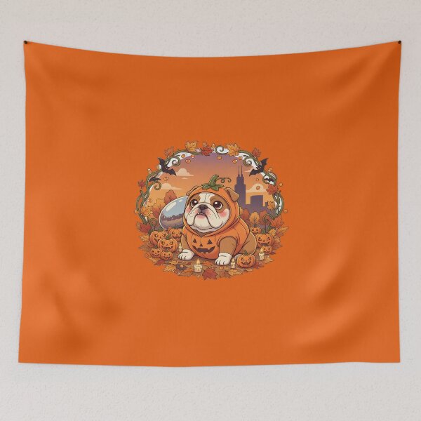 Item preview, Kawaii Bulldog in Pumpkin Costume at Cloud Gate – Chicago Halloween Cute Dog Art  designed and sold by FixwellStudio.