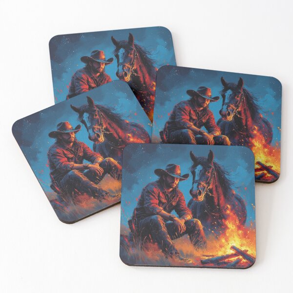 Item preview, Cowboy Campfire with Horse – Western Night Art Painting by NegarTv Designs designed and sold by NegarTv Designs.