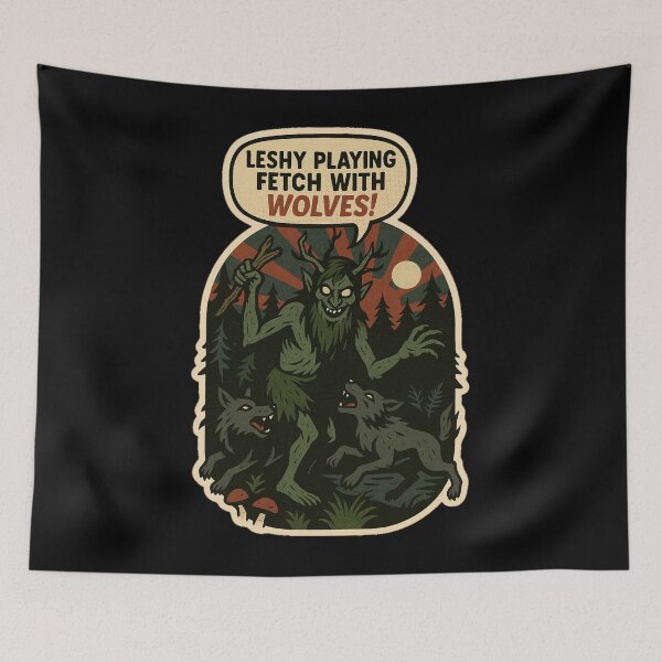 Item preview, Retro Horror Comic Art – Funny Forest Spirit Leshy Playing Fetch with Wolves Sticker designed and sold by JacobKAurumhead.