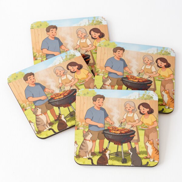 Item preview, Family BBQ with Cats – Cute Summer Illustration designed and sold by Mervee11.