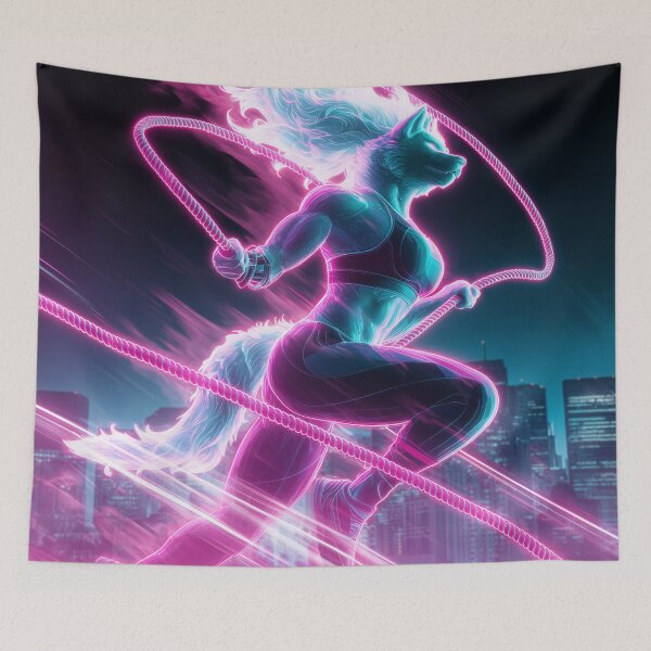 Item preview, Synthwave Neon Wolf Jump Rope Fitness Art designed and sold by ArgentoArt.