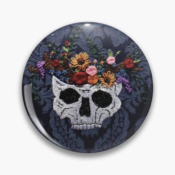 Item preview, spooky and cottage core floral skull embroidery on blue brocade designed and sold by Dawnrawson.