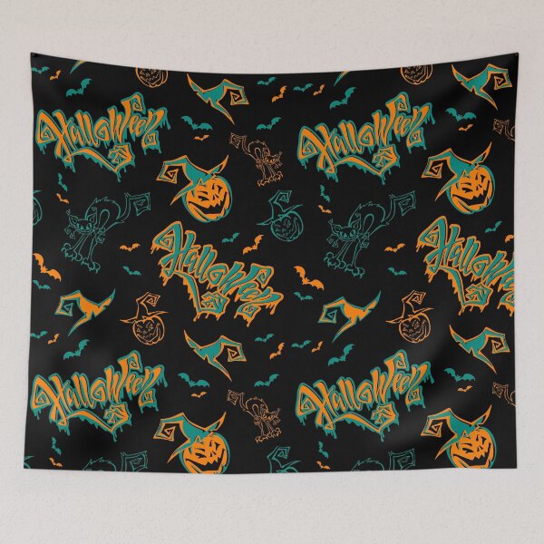 Item preview, Graffiti Halloween Pattern – Neon Spooky Pumpkin and Bat Graphic T-Shirt designed and sold by FestivityFinds.