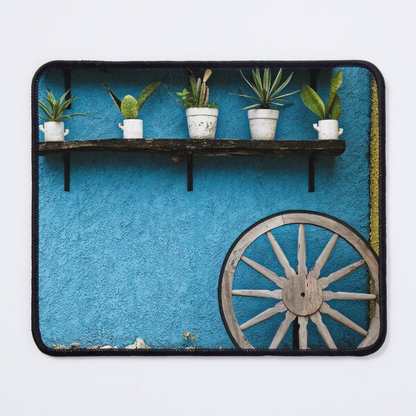 Item preview, Colorful wall scene with flower pots and wooden wheel designed and sold by franck380.