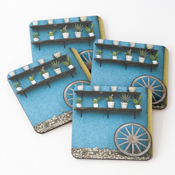 Item preview, Colorful wall scene with flower pots and wooden wheel designed and sold by franck380.