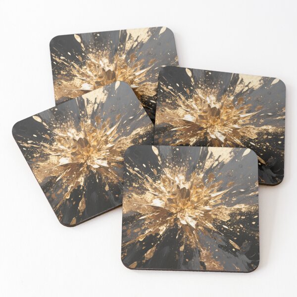 Item preview, Dramatic Gold Explosion with Metallic Splashes Radiating on Glossy Black Background in Modern Abstract Artwork designed and sold by Mimoshi ⭐⭐⭐⭐⭐.