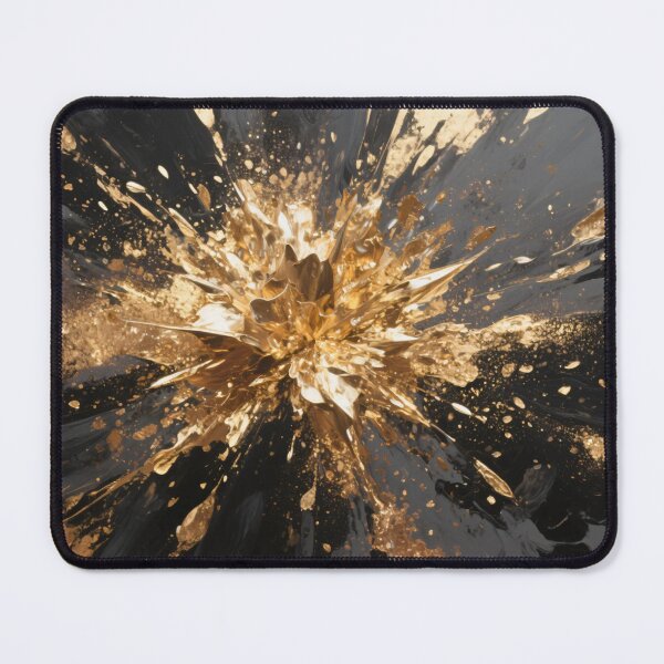 Item preview, Dramatic Gold Explosion with Metallic Splashes Radiating on Glossy Black Background in Modern Abstract Artwork designed and sold by Mimoshi ⭐⭐⭐⭐⭐.