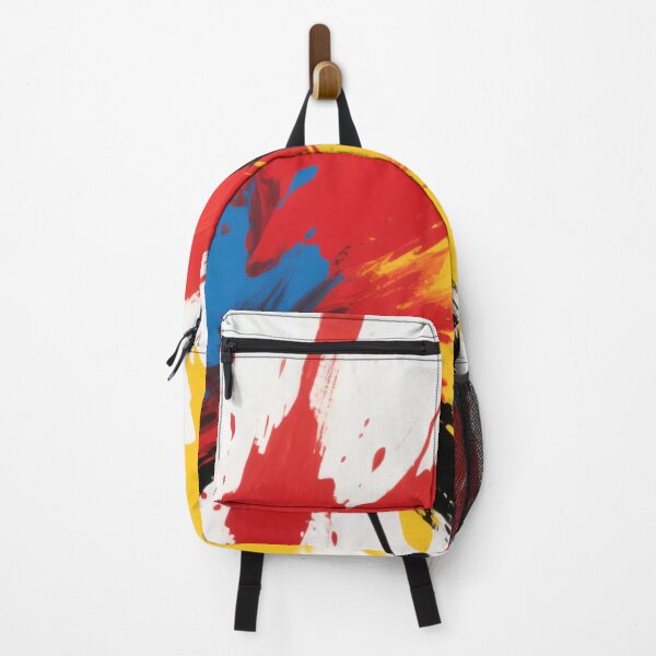 Item preview, Bold Splash of Red Blue Yellow and Black Paint Creating Dynamic Abstract Explosion on White Canvas designed and sold by Mimoshi ⭐⭐⭐⭐⭐.