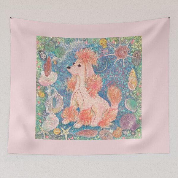 Item preview, "Umi Poodle" Art - Whimsical Pink Dog & Seashells Original Nihonga Design designed and sold by nakaitomoko.
