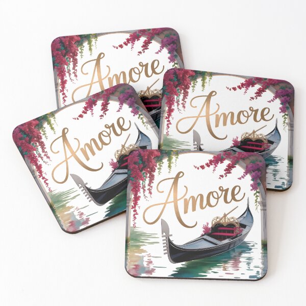 Item preview, Amore – Golden Text Over Gondola Under Purple Floral Bridge in Venice designed and sold by EmeraldeaArt.