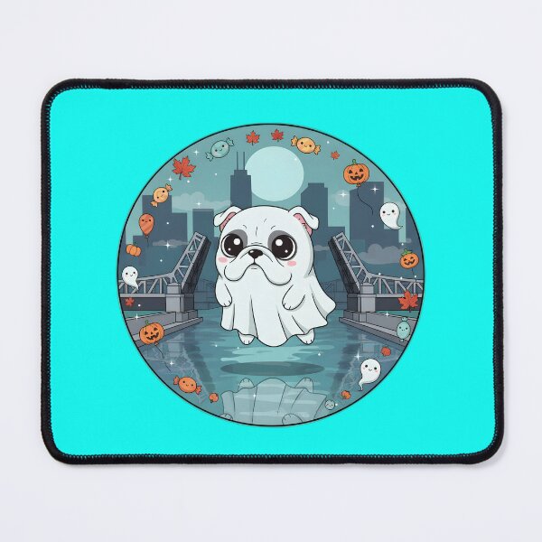 Item preview, Kawaii Ghost Bulldog over Chicago River – Halloween Cute Dog Art designed and sold by FixwellStudio.