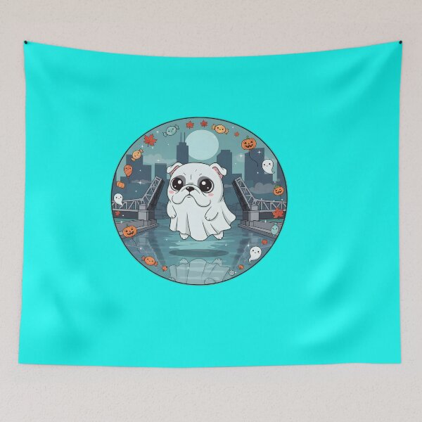 Item preview, Kawaii Ghost Bulldog over Chicago River – Halloween Cute Dog  Art designed and sold by FixwellStudio.