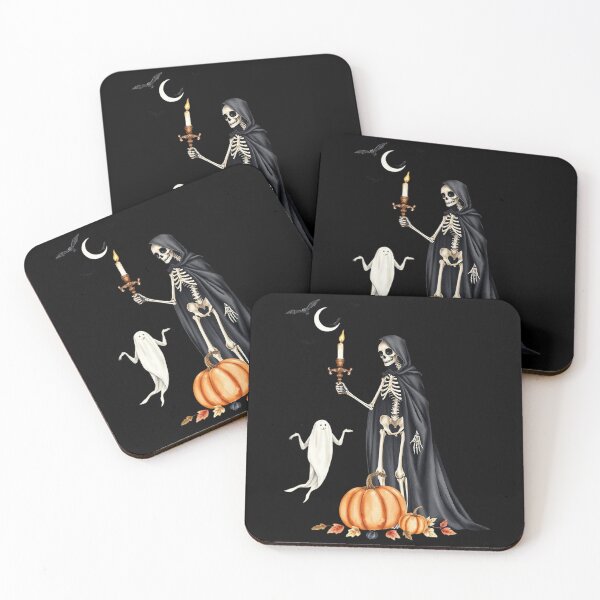 Item preview, Spooky and scary skeleton with cute ghost and pumpkins for Halloween designed and sold by Merrylands Artshop.