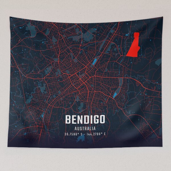 Item preview, Bendigo Red & Blue Minimalist Map designed and sold by HomeLivingCo.