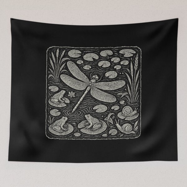 Item preview, Dragonfly Frogs Pond Life Vintage Doodle designed and sold by EdvvinStudios.