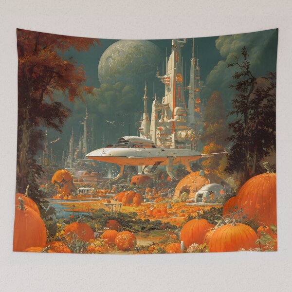 Item preview, Retro Futuristic Halloween | Pumpkins & Robots in a Sci-Fi Autumn Landscape 5 designed and sold by Velvetcosmonova.