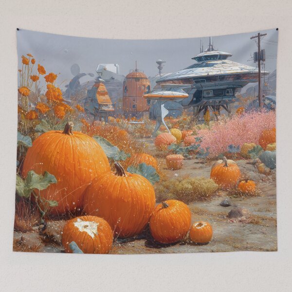 Item preview, Retro Futuristic Halloween | Pumpkins & Robots in a Sci-Fi Autumn Landscape 2 designed and sold by Velvetcosmonova.