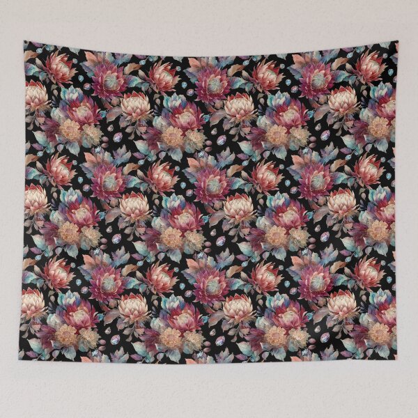 Item preview, Jewel Toned Protea and Chrysanthemum Floral Pattern designed and sold by Anastasiia Yurevych.