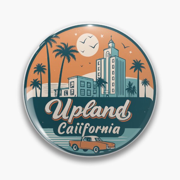 Item preview, Upland California Retro Skyline Badge – Vintage Palm Trees & Classic Car Design designed and sold by VividOrganica.