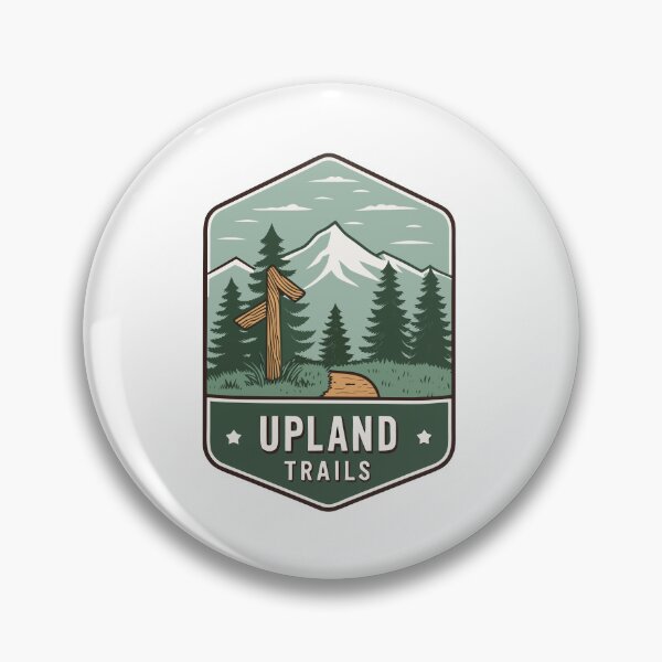 Item preview, Upland Trails Badge – Hiking Signpost and Mountain Silhouette Design designed and sold by VividOrganica.