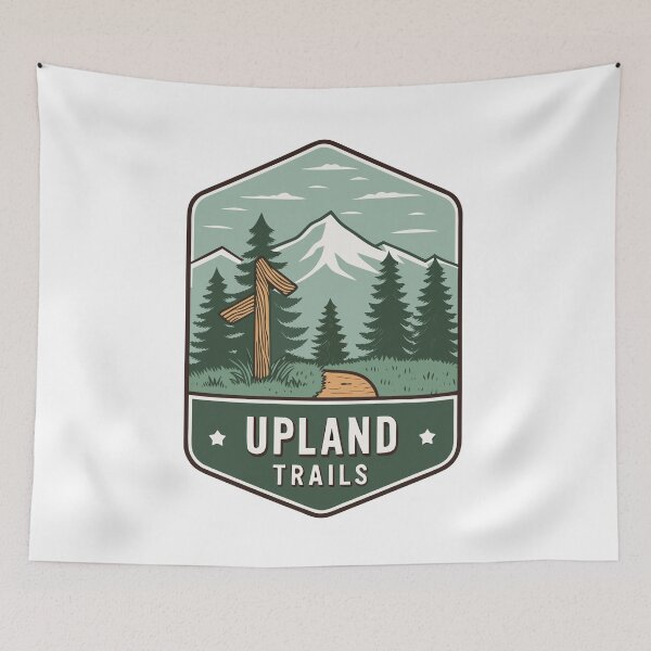 Item preview, Upland Trails Badge – Hiking Signpost and Mountain Silhouette Design designed and sold by VividOrganica.