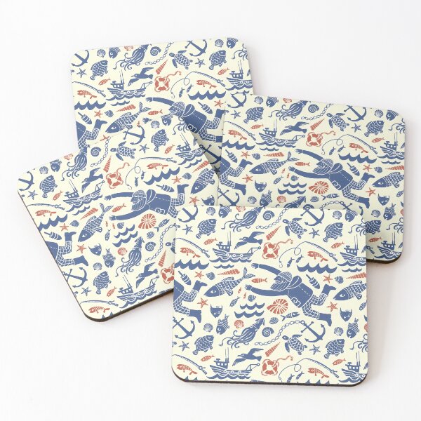Item preview, Playful Nautical Pattern – Sailors, Boats, and Sea Creatures in Blue and Red designed and sold by darkskinbender.