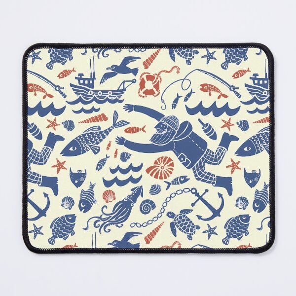 Item preview, Playful Nautical Pattern – Sailors, Boats, and Sea Creatures in Blue and Red designed and sold by darkskinbender.