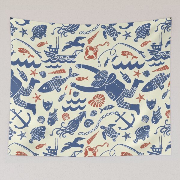 Item preview, Playful Nautical Pattern – Sailors, Boats, and Sea Creatures in Blue and Red designed and sold by darkskinbender.