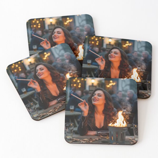 Item preview, Smiling Woman enjoying a long Cigarette as bin blazes. designed and sold by Spark2Seduction.