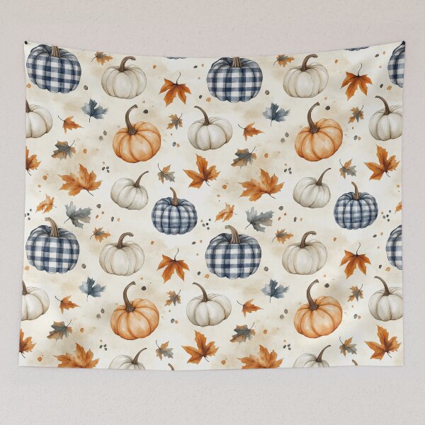 Item preview, Orange Blue Cream Autumn Pumpkins and Falling Maple Leaves Watercolor All Over designed and sold by Feeling Artsy.