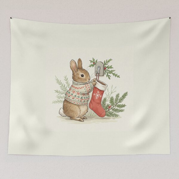 Item preview, Cozy Christmas Bunny Hanging a Holiday Stocking designed and sold by Pasteltone.