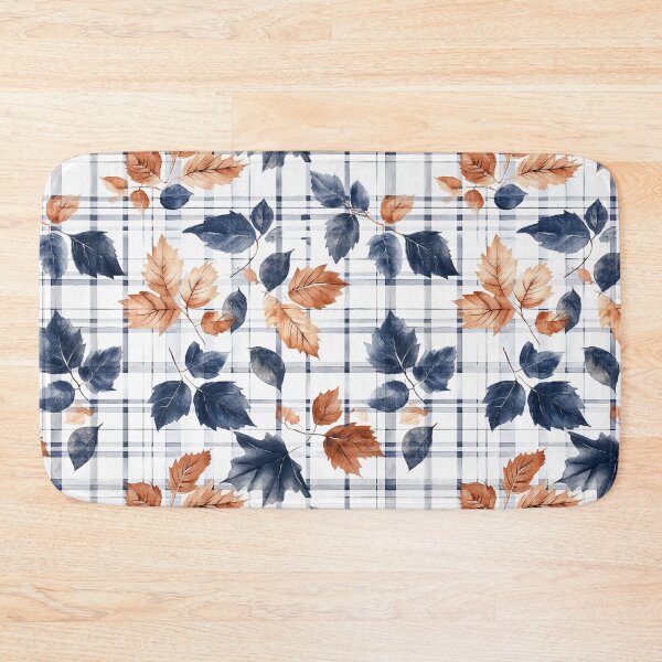 Item preview, Orange Blue Cream Autumn Falling Leaves Blue Plaid Watercolor All Over designed and sold by Feeling Artsy.