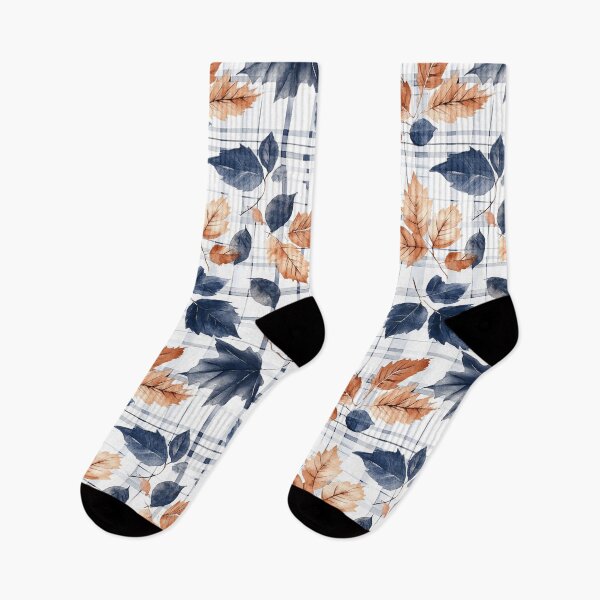 Item preview, Orange Blue Cream Autumn Falling Leaves Blue Plaid Watercolor All Over designed and sold by Feeling Artsy.