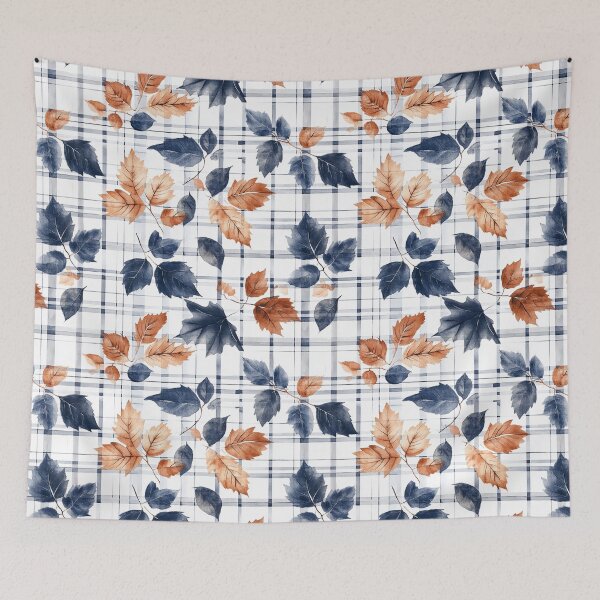 Item preview, Orange Blue Cream Autumn Falling Leaves Blue Plaid Watercolor All Over designed and sold by Feeling Artsy.