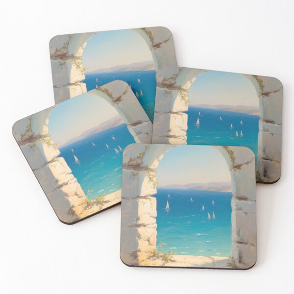 Item preview, Mediterranean Sea View – Arched Window Coastal Sailing Impressionist Artwork designed and sold by Ledadi.