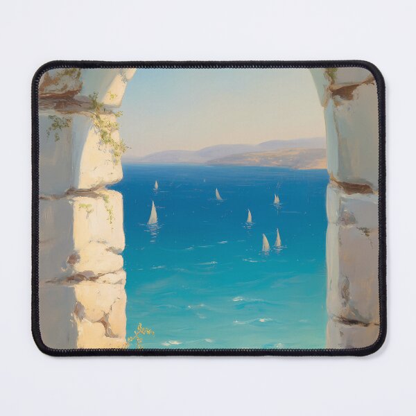 Item preview, Mediterranean Sea View – Arched Window Coastal Sailing Impressionist Artwork designed and sold by Ledadi.