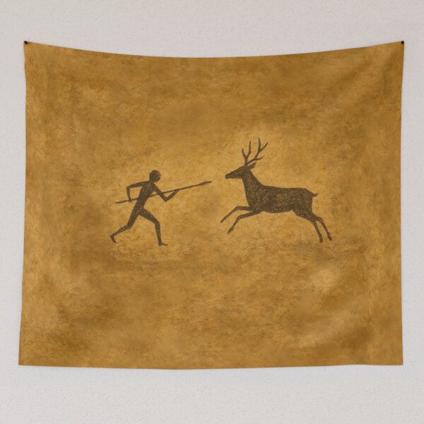 Item preview, Prehistoric Hunting Cave Art – Ancient Stick Figure Man With Spear and Deer designed and sold by EdgyEdgeArt.