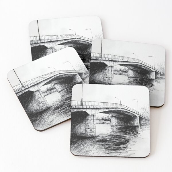 Item preview, A black-and-white pencil sketch of a concrete bridge with two lamps perched on tall poles designed and sold by MarcinJ84.