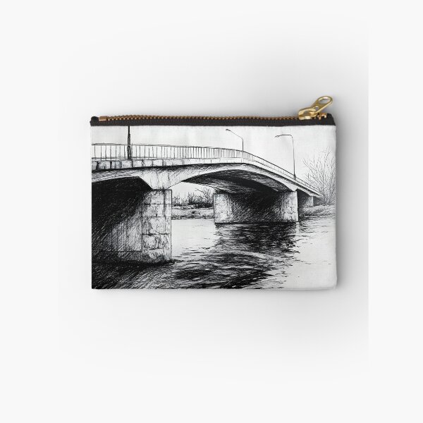 Item preview, A black-and-white pencil sketch of a concrete bridge with two lamps perched on tall poles designed and sold by MarcinJ84.